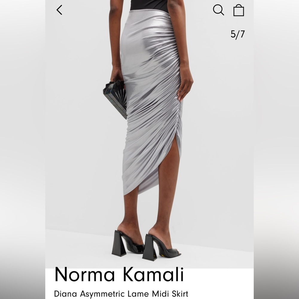 Norma Kamali NWT Diana shirred knee length skirt silver lame S. - Picture 4 of 6